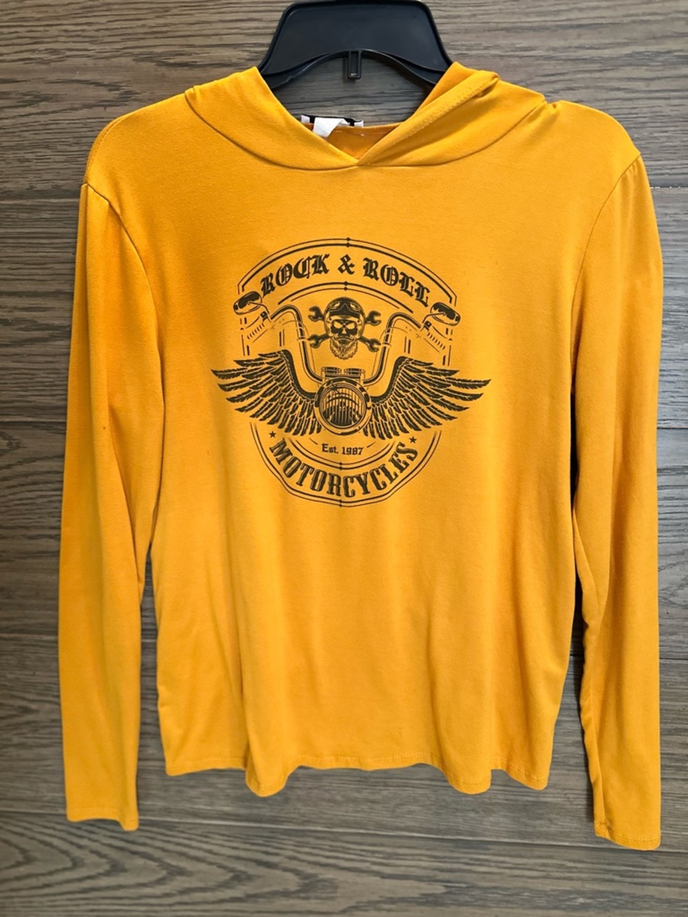 Mustard Yellow Long Sleeve Hoodie Tee with Motorcycle Graphic